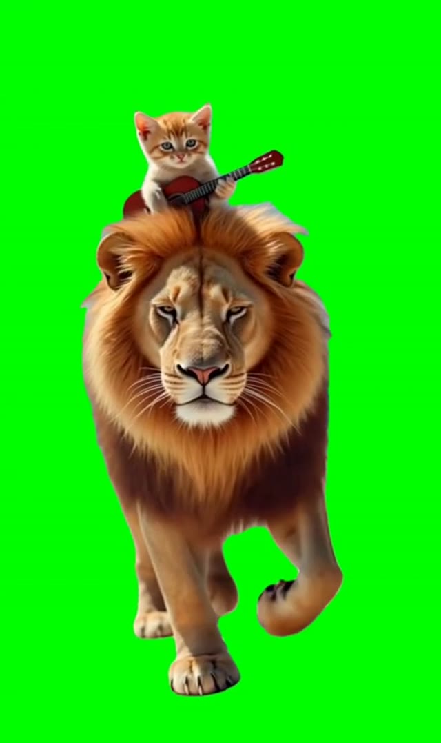 Cat and lion walking green screen