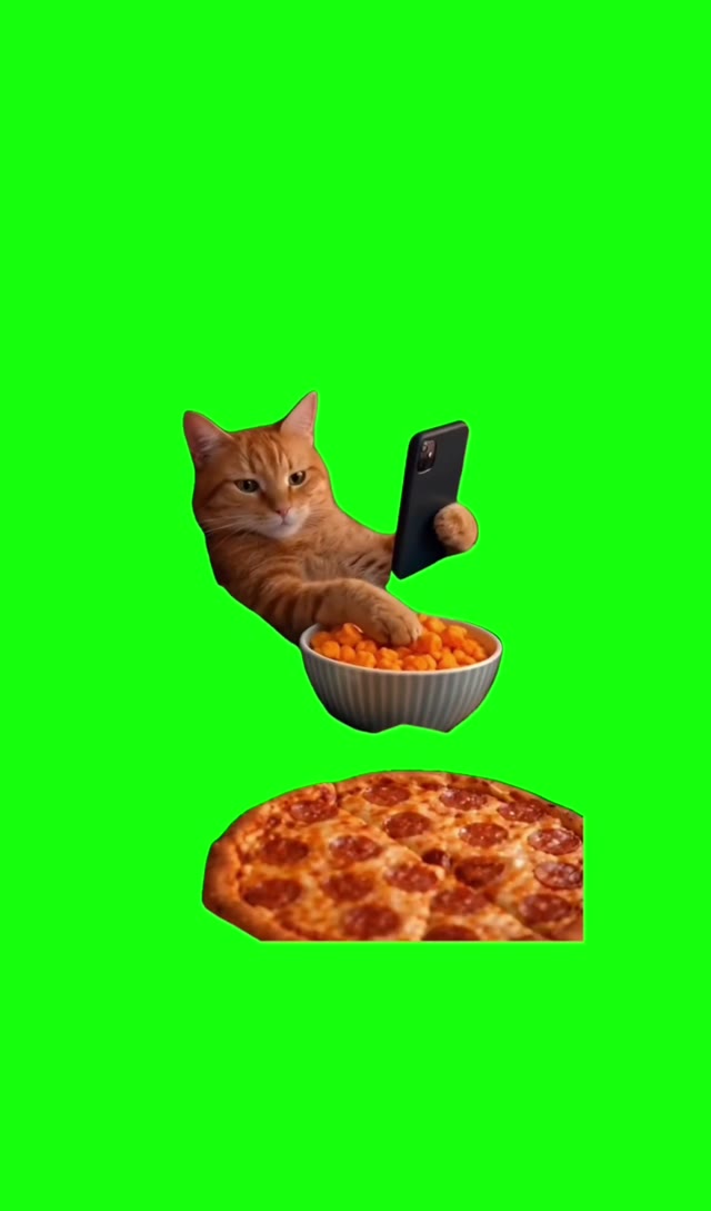 Cat eating pizza 4k green screen
