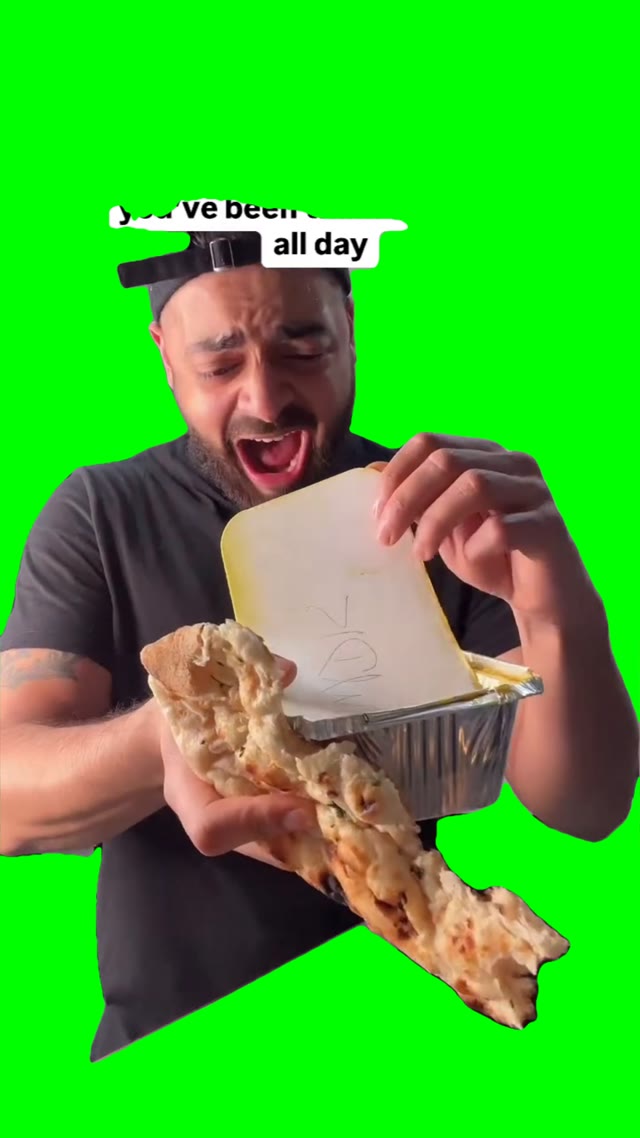 man screaming at food green screen